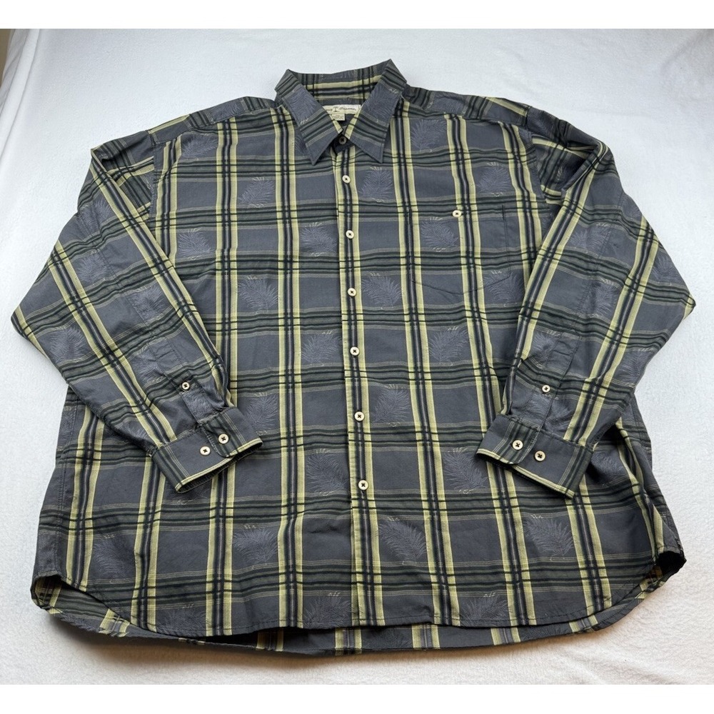 Tommy Bahama Plaid Floral Button Down Shirt Size XXL Cotton Grey Yellow